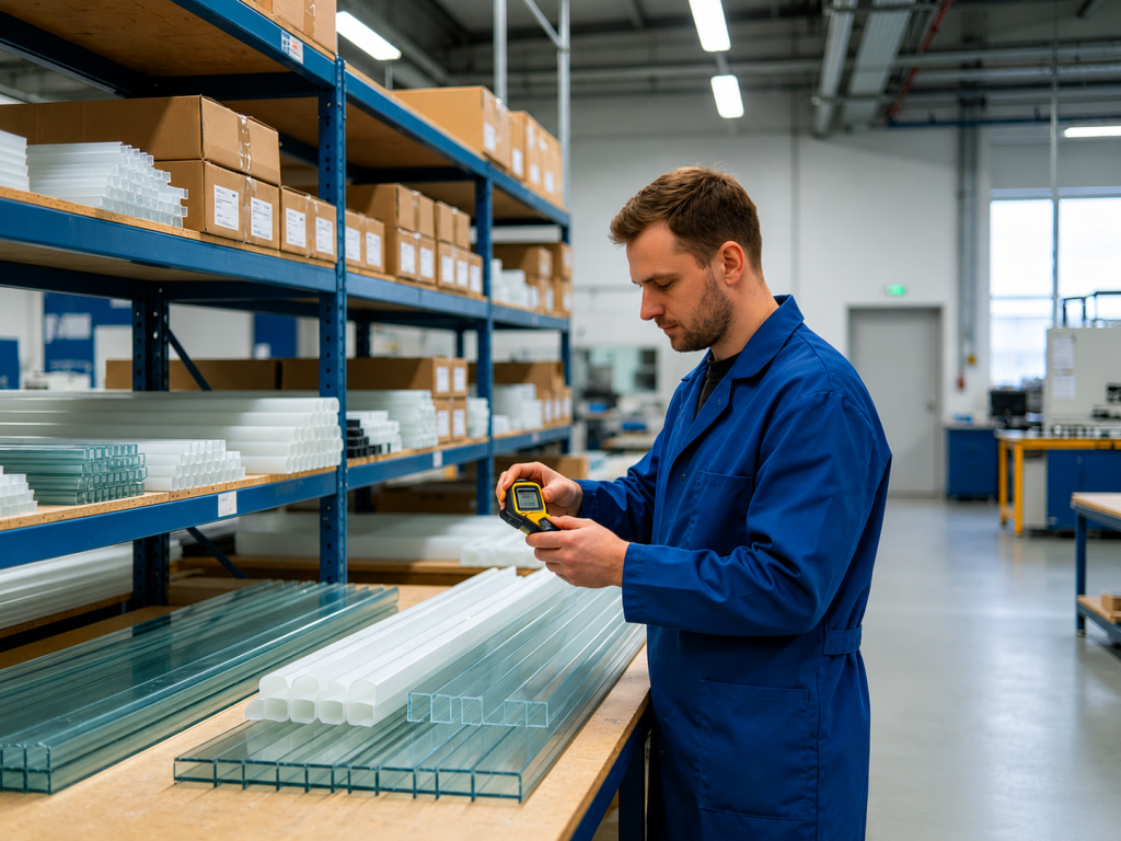 Quality-control technician inspecting plastic components with a digital measuring device in a factory