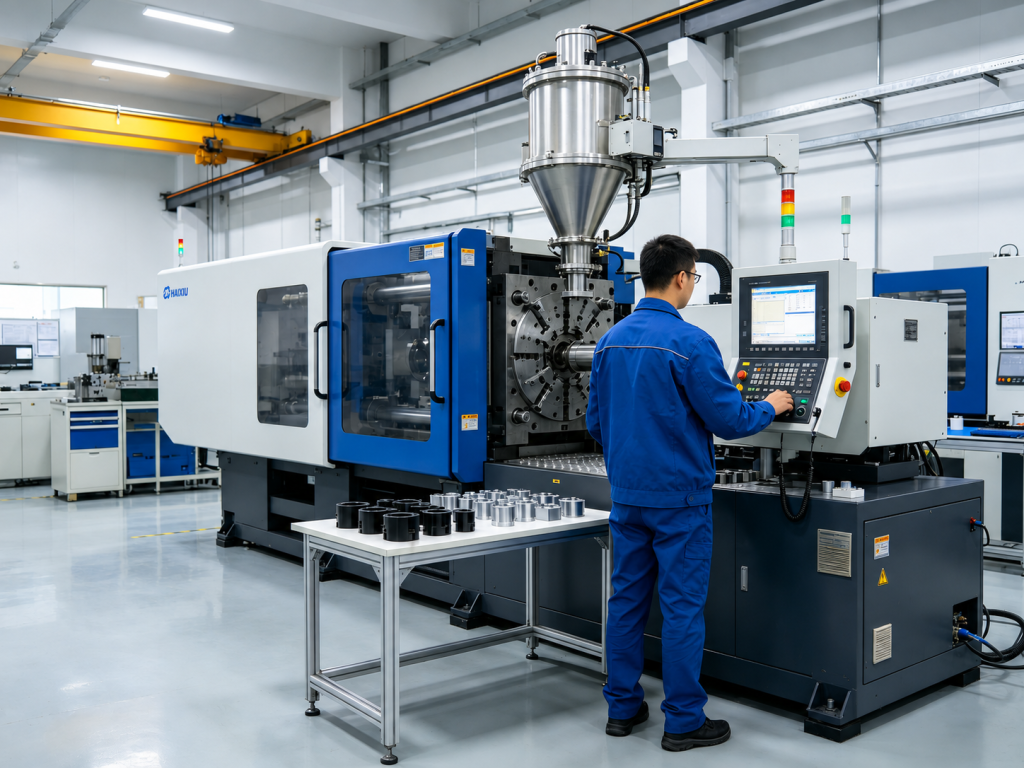Technician operating an automated plastic injection molding machine in a modern factory