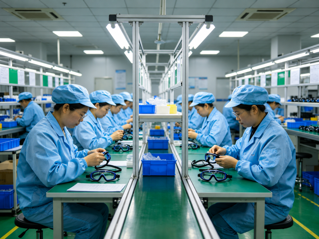 Workers assembling and inspecting swimming goggles on a factory production line