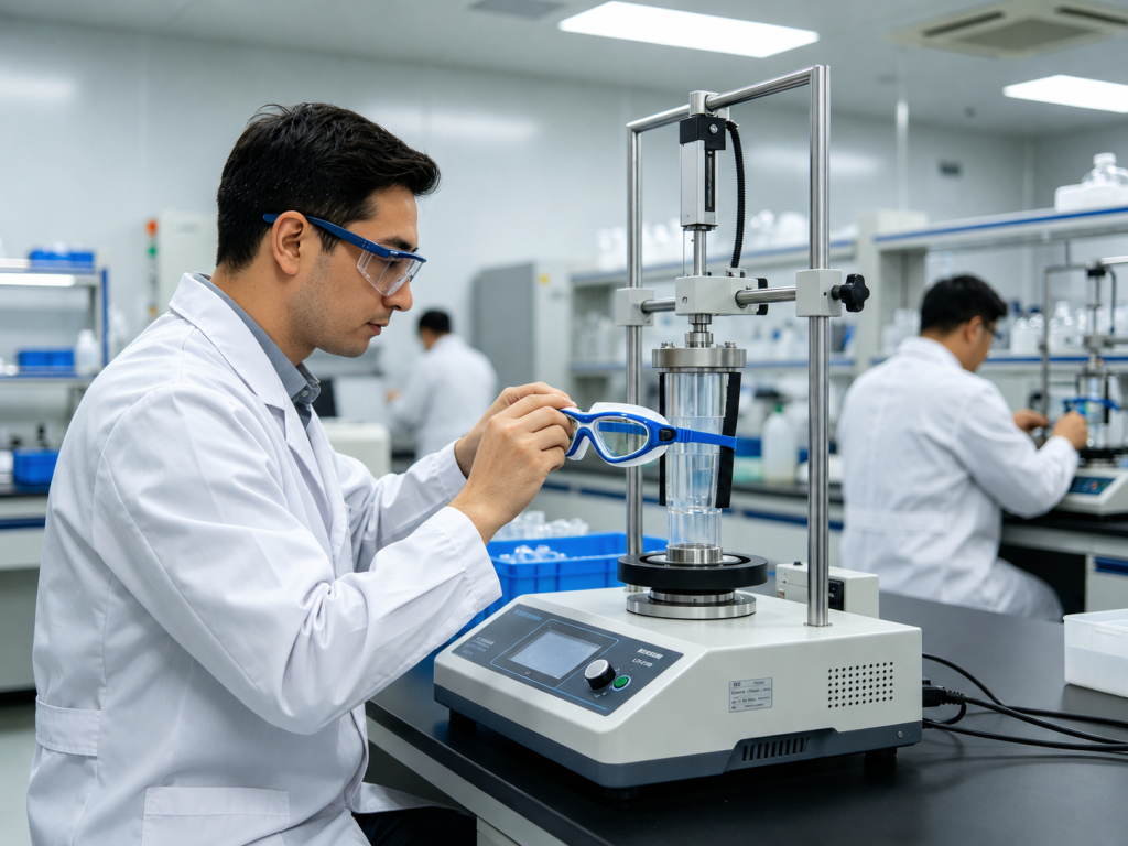 Laboratory technician testing blue-and-white swimming goggles with precision equipment