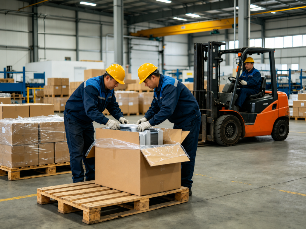 Warehouse workers packing finished products into shipping cartons beside a forklift