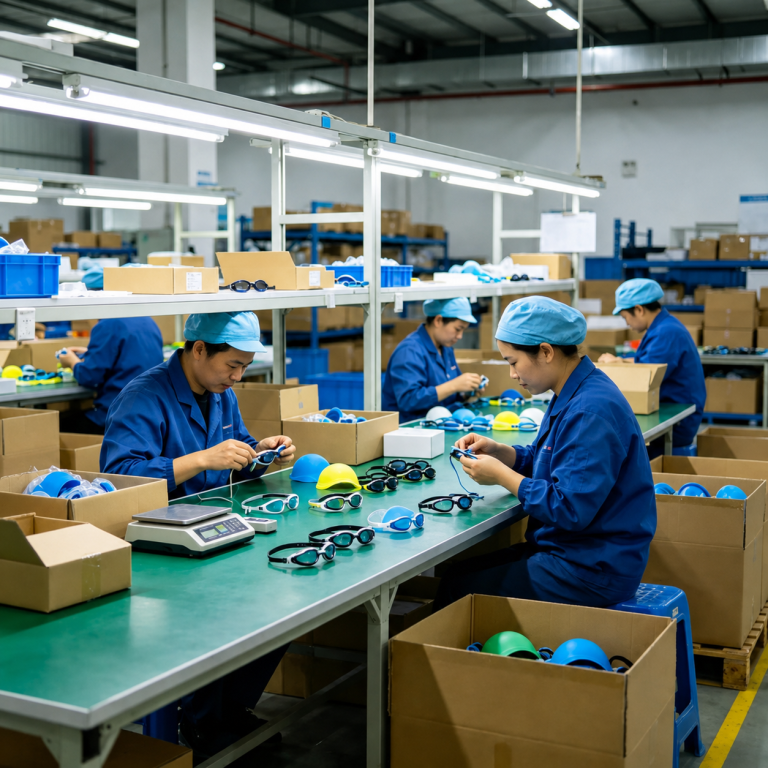 Workers assembling and inspecting swimming goggles on a production line in a factory