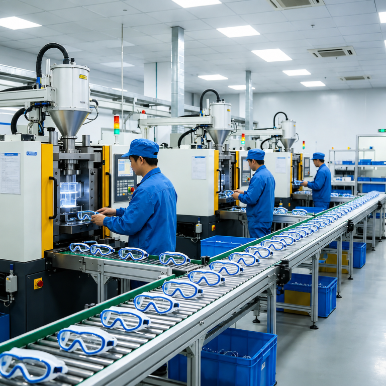 Workers operating automated molding machines on a swim mask production line