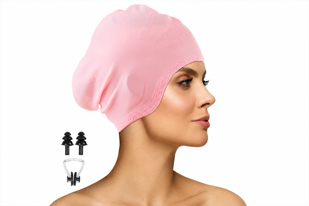 Woman wearing a pink silicone swimming cap with nose clip and earplugs on a white background