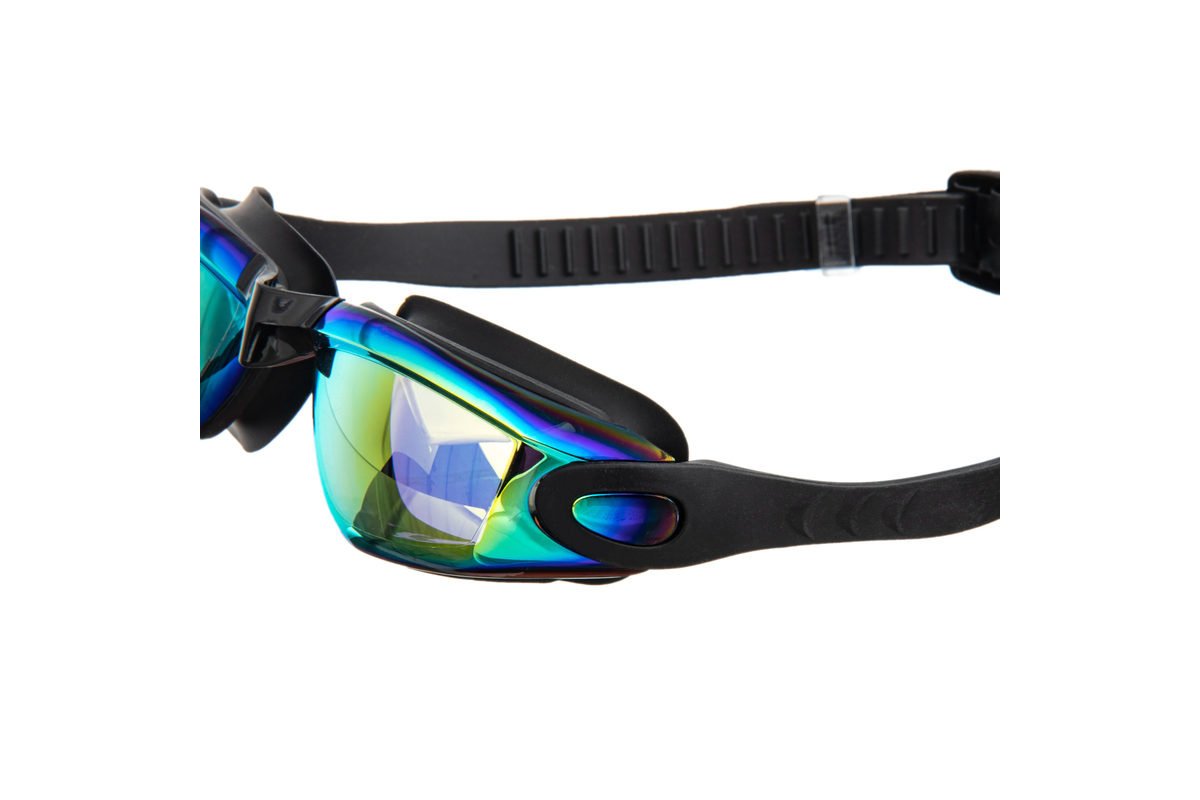 Black swimming goggles with colorful mirrored lenses and an adjustable strap on a white background